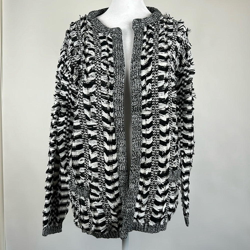 Endless Rose Black & White Fringe Open Front Striped Cardigan Sweater Size S/M
